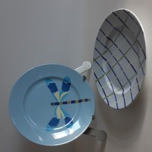 Pottery Barn Blue Green Dragonfly Diagonal Lines Salad Plates 8.25" (2)